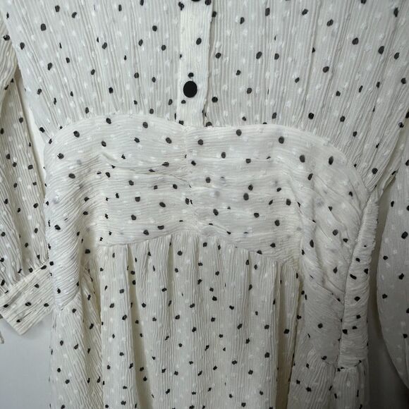 Zara Cream Black Dotted Swiss Long Sleeve 1/2 Button Collared Ruffle Hem Dress - Picture 8 of 14